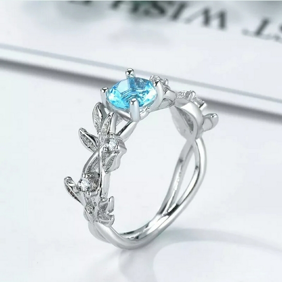 💍Blue topaz & CZ leaf setting ring. - Picture 1 of 3